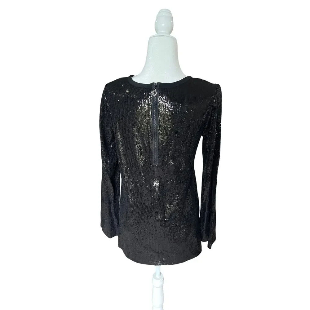 Tory Burch Sequined 100% SILK Black Top Women Size 6 GLAM Sexy Designer Holiday